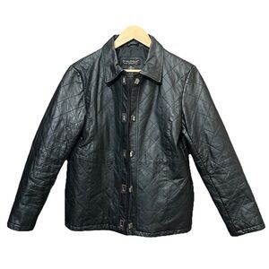 Vtg Dialogue Quilted Black Leather Jacket - Diamond Stitch Toggle Closure Coat